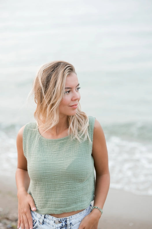 Sleeveless Crinkle Cotton Blouse Top-Top-Moa-Length: 17" inch - 44cm Wide: 18.5"inch- 47cm-Green-Urbanheer