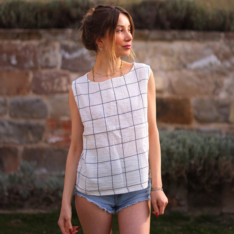 Sleeveless Crinkle Cotton Blouse Top-Top-Moa-Length: 17" inch - 44cm Wide: 18.5"inch- 47cm-Windowpane-Urbanheer