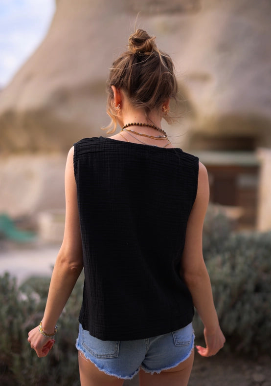 Sleeveless Crinkle Cotton Blouse Top-Top-Moa-Length: 17" inch - 44cm Wide: 18.5"inch- 47cm-Windowpane-Urbanheer