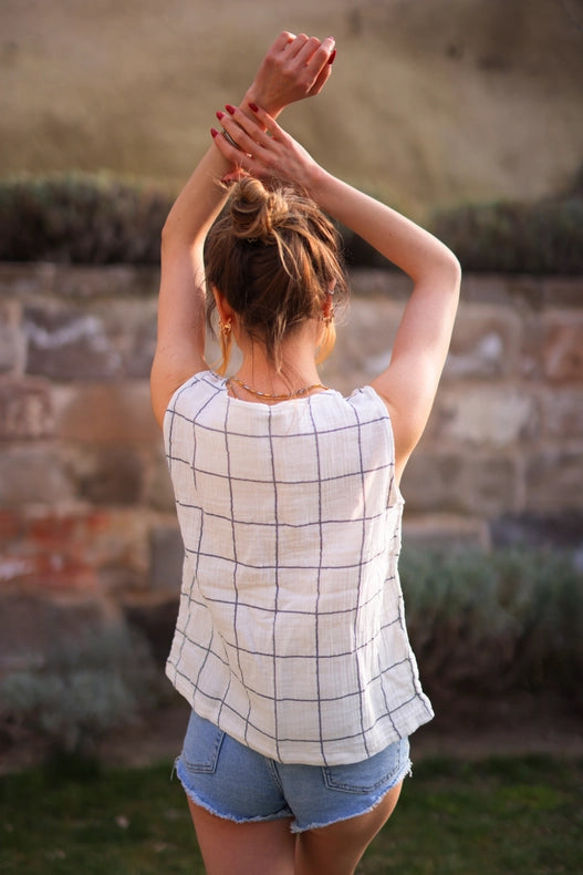 Sleeveless Crinkle Cotton Blouse Top-Top-Moa-Length: 17" inch - 44cm Wide: 18.5"inch- 47cm-Windowpane-Urbanheer