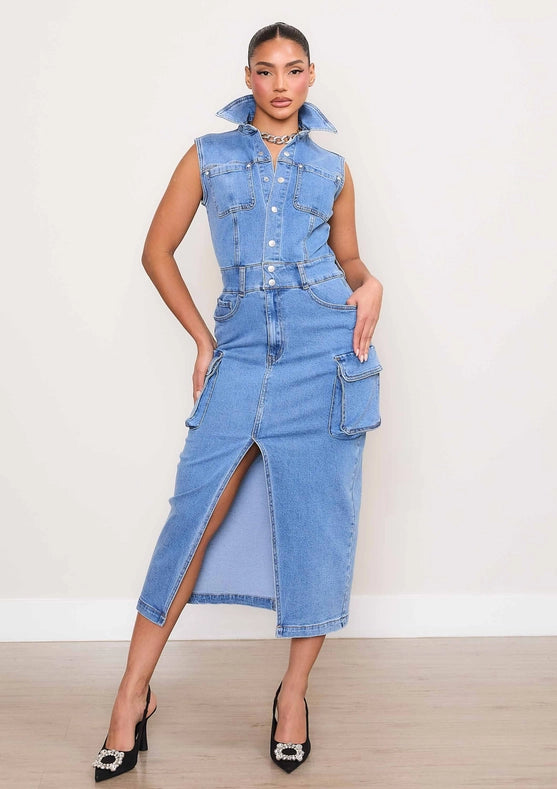 Sleeveless Denim Cargo Dress-Dress-Vibrant M.i.U-S-Urbanheer