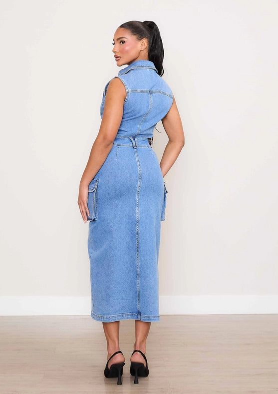 Sleeveless Denim Cargo Dress-Dress-Vibrant M.i.U-S-Urbanheer