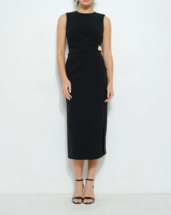 Sleeveless Draped Gold Accent Midi Dress BLACK-Dress-INA-S-BLACK-Urbanheer