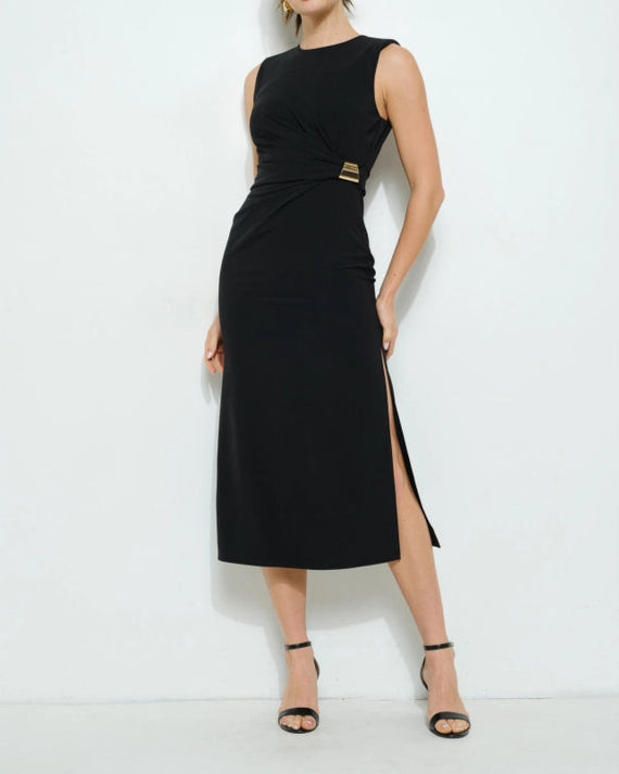 Sleeveless Draped Gold Accent Midi Dress BLACK-Dress-INA-S-BLACK-Urbanheer