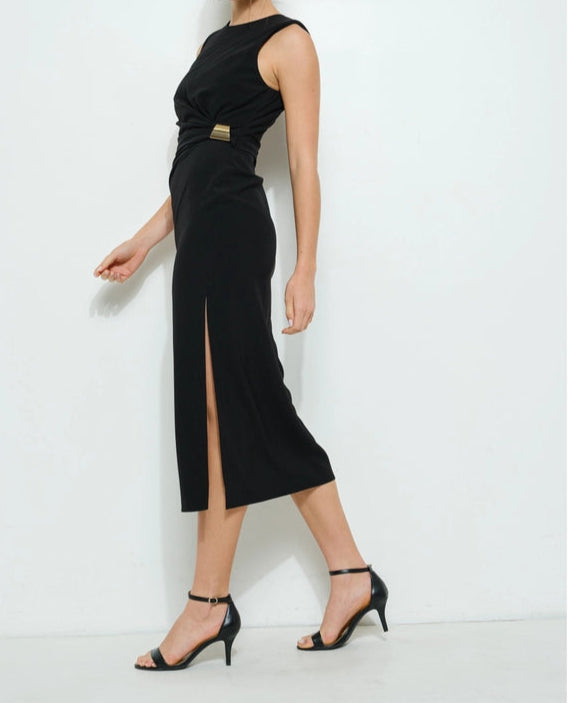 Sleeveless Draped Gold Accent Midi Dress BLACK-Dress-INA-S-BLACK-Urbanheer