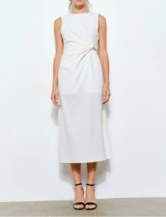Sleeveless Draped Gold Accent Midi Dress WHITE-Dress-INA-S-WHITE-Urbanheer