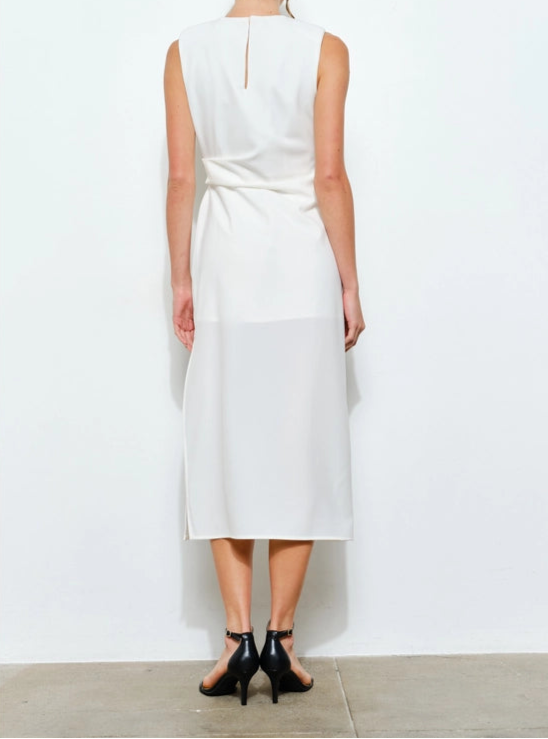 Sleeveless Draped Gold Accent Midi Dress WHITE-Dress-INA-S-WHITE-Urbanheer