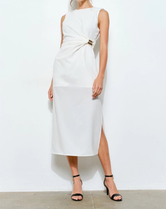 Sleeveless Draped Gold Accent Midi Dress WHITE-Dress-INA-S-WHITE-Urbanheer