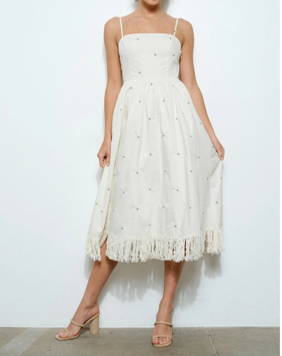 Sleeveless Embroidered Midi Dress with Fringe Hem CREAM-Dress-INA-S-CREAM-Urbanheer