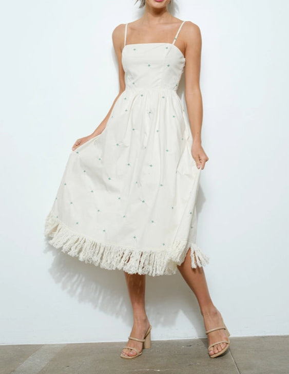 Sleeveless Embroidered Midi Dress with Fringe Hem CREAM-Dress-INA-S-CREAM-Urbanheer