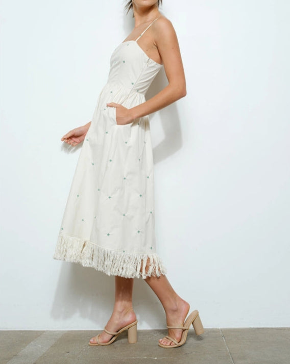 Sleeveless Embroidered Midi Dress with Fringe Hem CREAM-Dress-INA-S-CREAM-Urbanheer