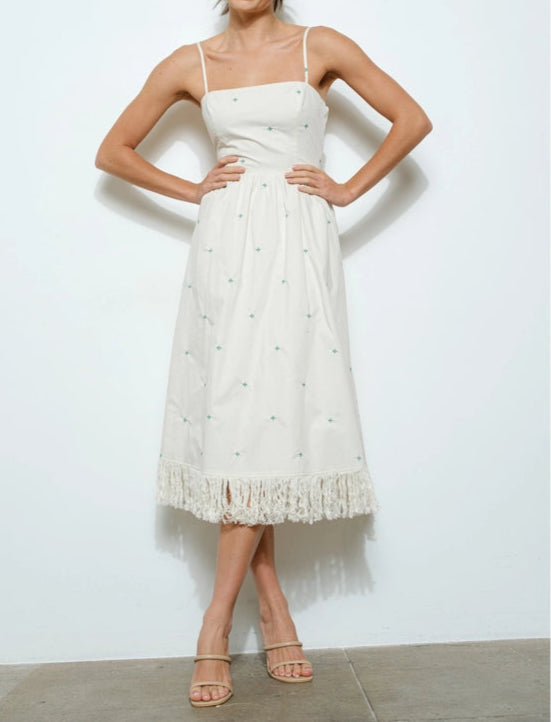 Sleeveless Embroidered Midi Dress with Fringe Hem CREAM-Dress-INA-S-CREAM-Urbanheer