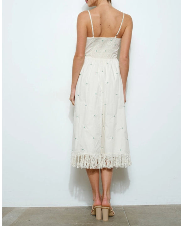 Sleeveless Embroidered Midi Dress with Fringe Hem CREAM-Dress-INA-S-CREAM-Urbanheer
