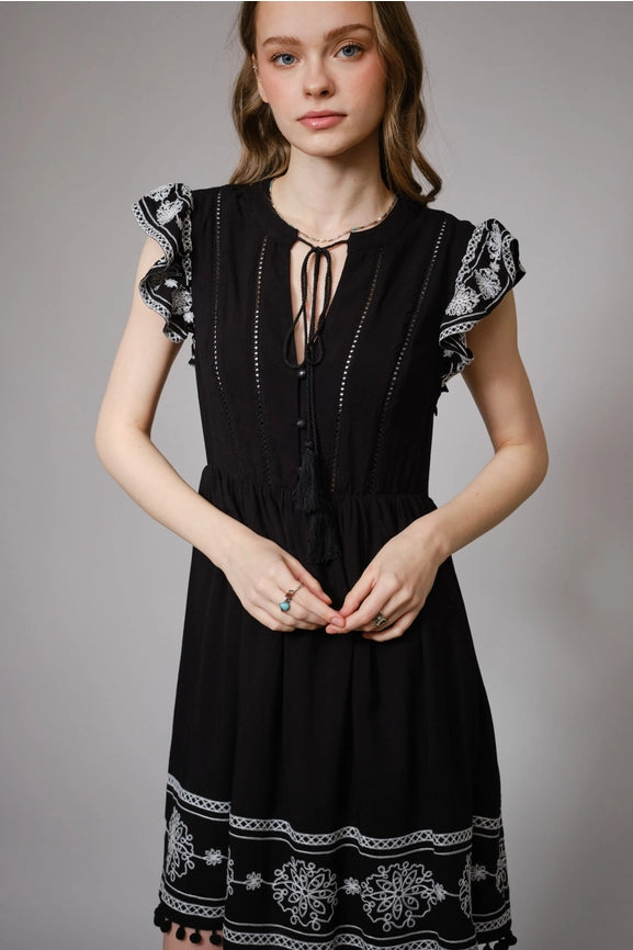 Sleeveless Embroidered Ruffle Minidress BLACK-Dress-Blue B-S-BLACK-Urbanheer