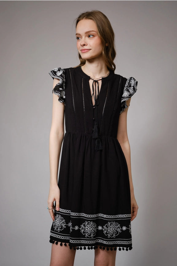 Sleeveless Embroidered Ruffle Minidress BLACK-Dress-Blue B-S-BLACK-Urbanheer