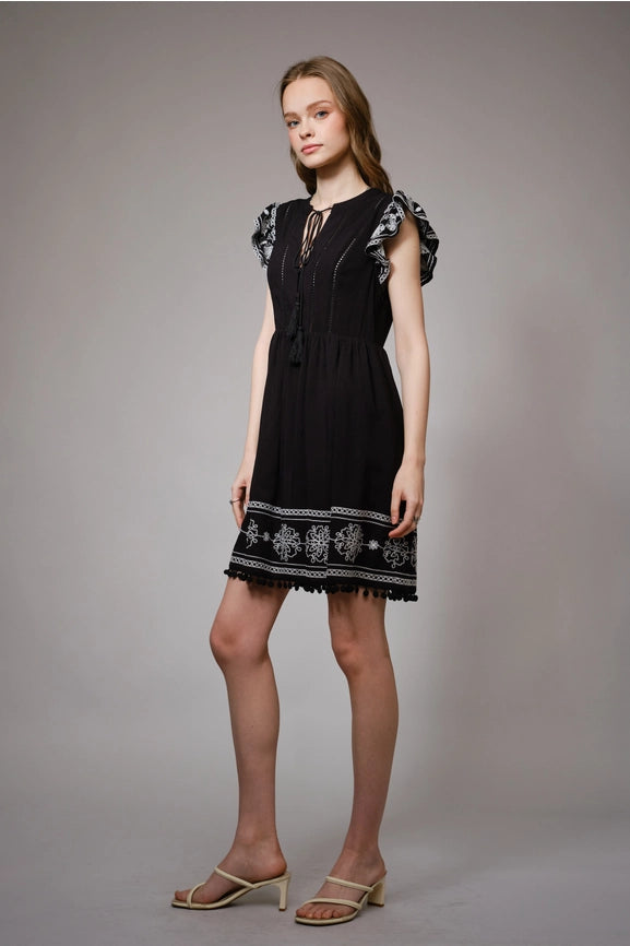 Sleeveless Embroidered Ruffle Minidress BLACK-Dress-Blue B-S-BLACK-Urbanheer