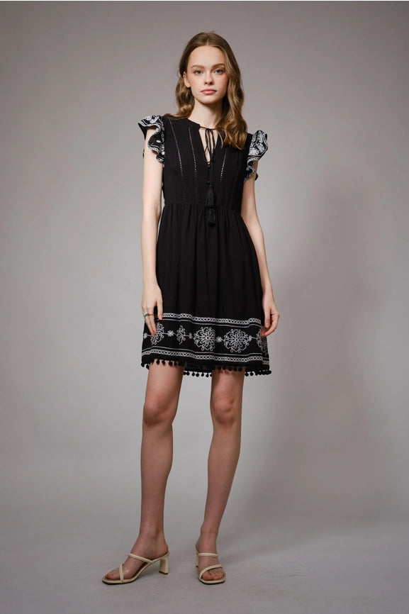 Sleeveless Embroidered Ruffle Minidress BLACK-Dress-Blue B-S-BLACK-Urbanheer