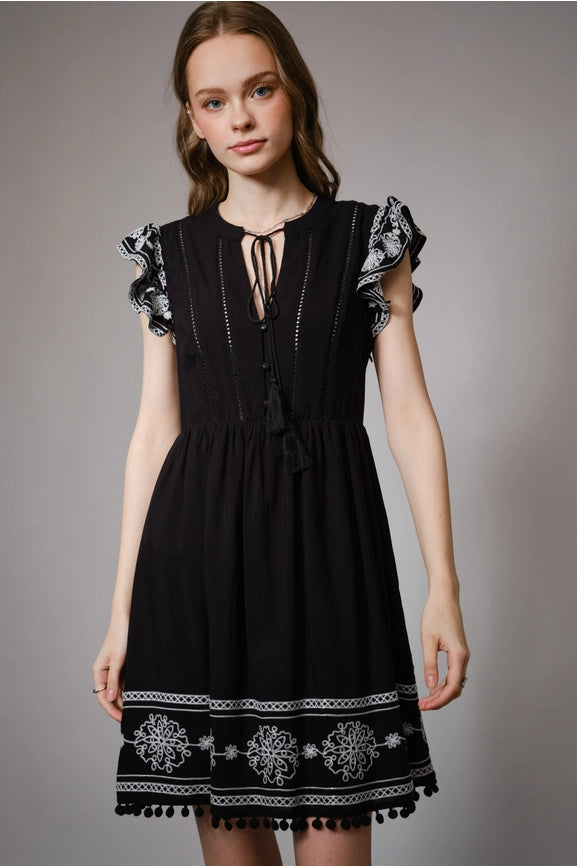 Sleeveless Embroidered Ruffle Minidress BLACK-Dress-Blue B-S-BLACK-Urbanheer
