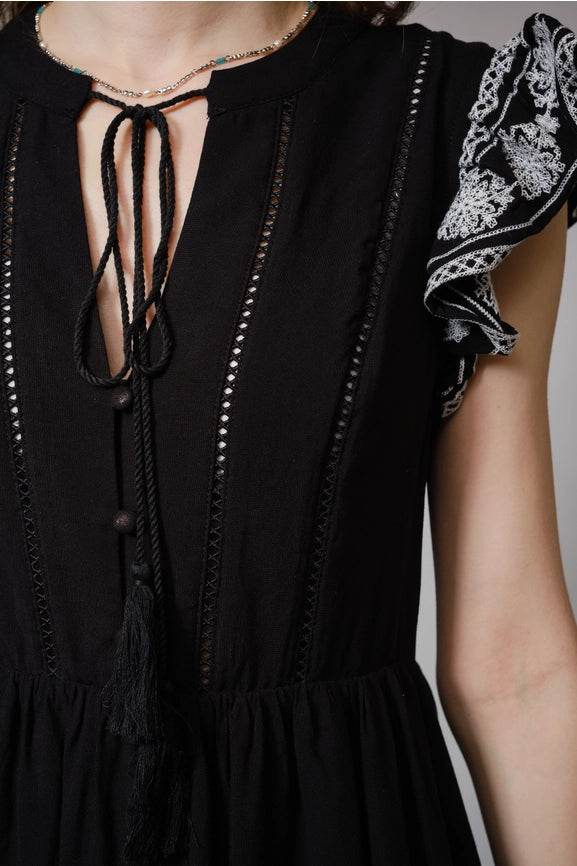 Sleeveless Embroidered Ruffle Minidress BLACK-Dress-Blue B-S-BLACK-Urbanheer