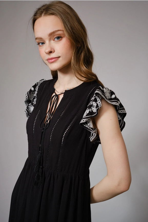 Sleeveless Embroidered Ruffle Minidress BLACK-Dress-Blue B-S-BLACK-Urbanheer