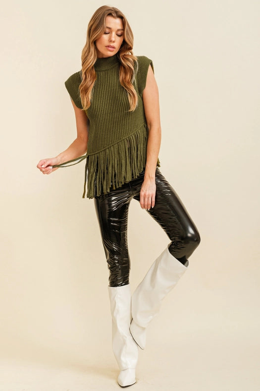 Sleeveless Fringe Turtleneck Sweater Olive-Sweater-Cloud Ten-S-Urbanheer