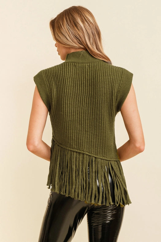 Sleeveless Fringe Turtleneck Sweater Olive-Sweater-Cloud Ten-S-Urbanheer