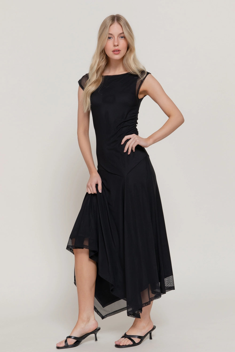 Sleeveless High Neck Asymmetric Gathered Mesh Midi Dress from Active –  Urbanheer