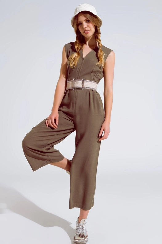 Sleeveless Jumpsuit With Zipper Detail And Belt In Khaki