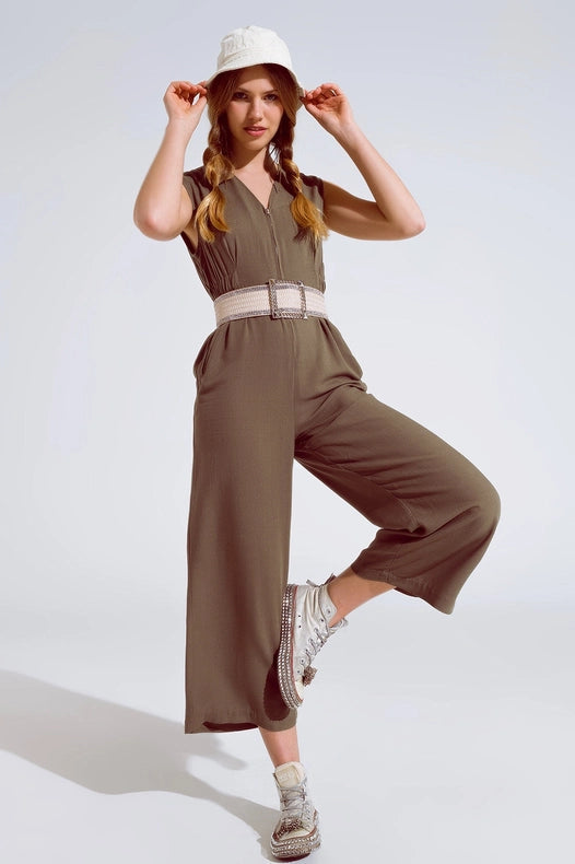 Sleeveless Jumpsuit With Zipper Detail And Belt In Khaki-Jumpsuit-Q2-S-Urbanheer