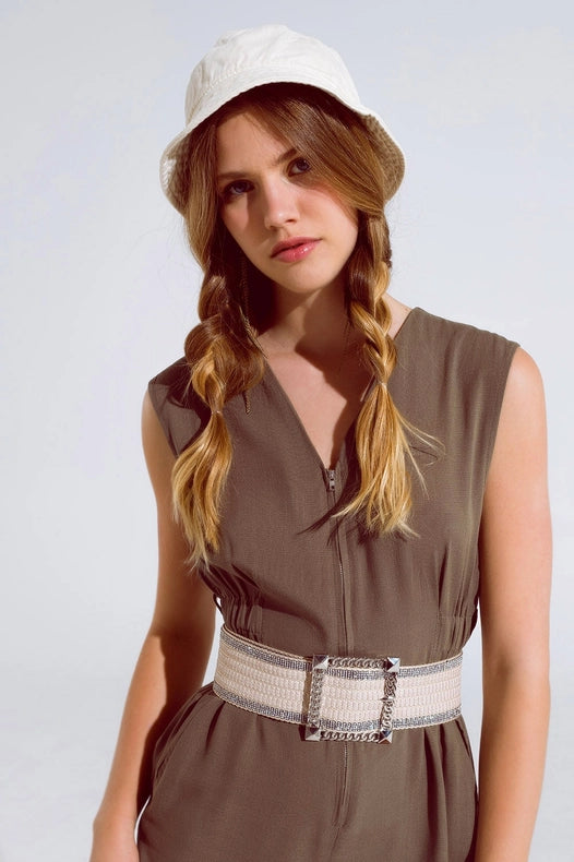 Sleeveless Jumpsuit With Zipper Detail And Belt In Khaki