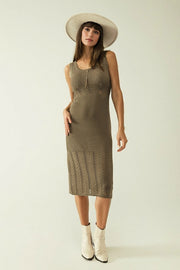 Sleeveless Khaki Knit Midi Dress with Round Neck-Dress-Q2-S-Green-Urbanheer