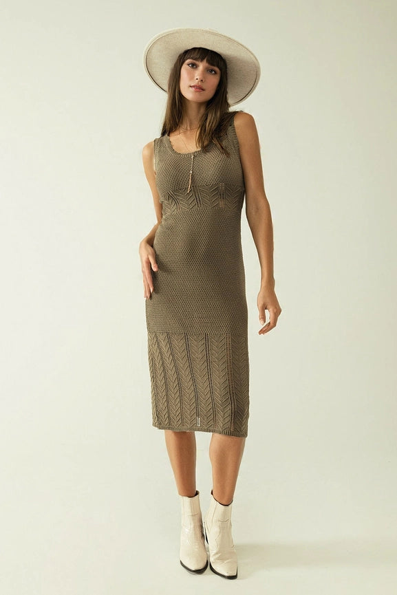 Sleeveless Khaki Knit Midi Dress with Round Neck-Dress-Q2-S-Green-Urbanheer