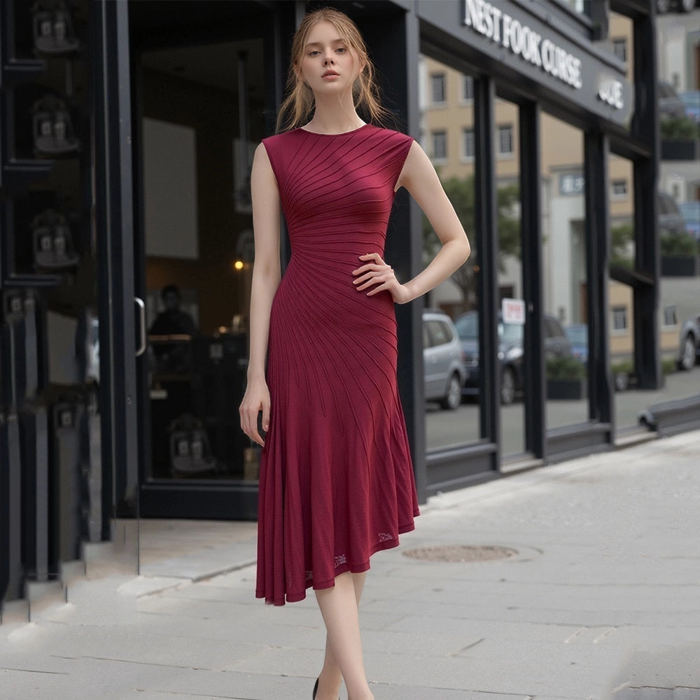 Sleeveless Knit Vest Pleated Slim Fit Midi Dress