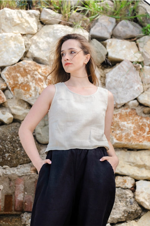 Sleeveless Linen Top Beige-Top-Moa-Beige-Urbanheer