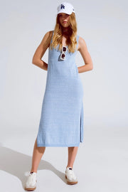 Sleeveless Maxi Blue Dress With Side Slit-Dress-Q2-One Size-Blue-Urbanheer