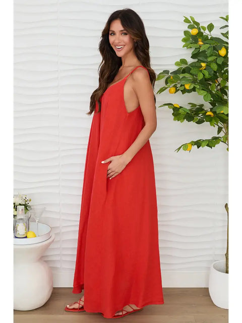 Sleeveless Maxi Loose Dress with Pockets Red-Dress-MILIO MILANO-XS-Red-Urbanheer