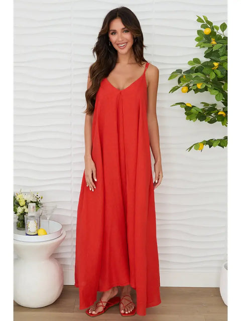 Sleeveless Maxi Loose Dress with Pockets Red-Dress-MILIO MILANO-XS-Red-Urbanheer
