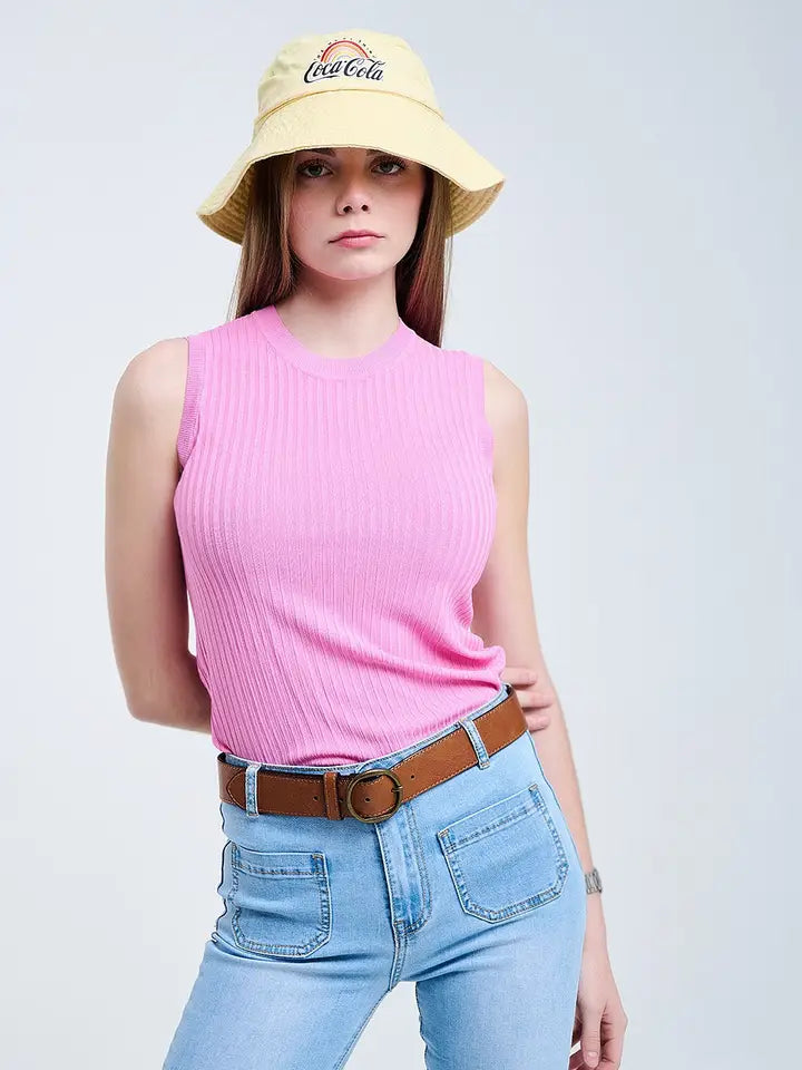 Sleeveless Ribbed Knitted Top in Pink-TOP-Q2-One Size-PINK-Urbanheer