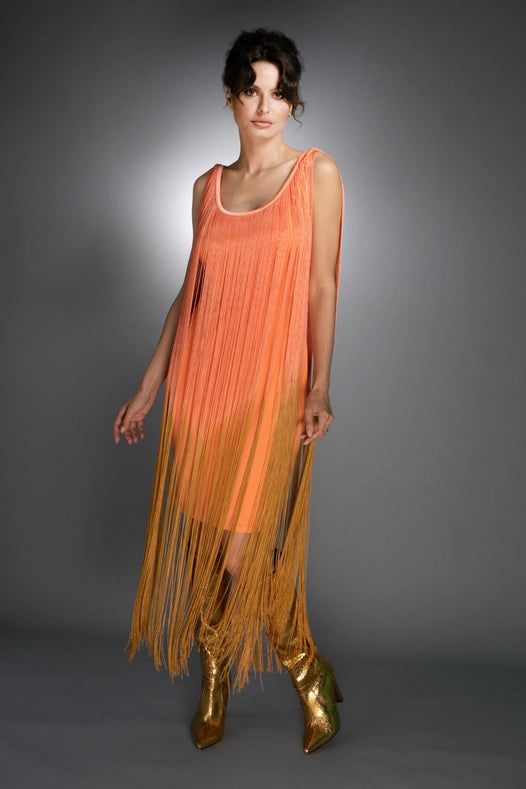 Sleeveless Salmon Gold Ombre Fringe Midi Dress-Dress-Nuvula-S-Urbanheer