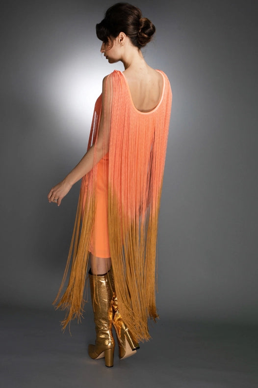 Sleeveless Salmon Gold Ombre Fringe Midi Dress-Dress-Nuvula-S-Urbanheer