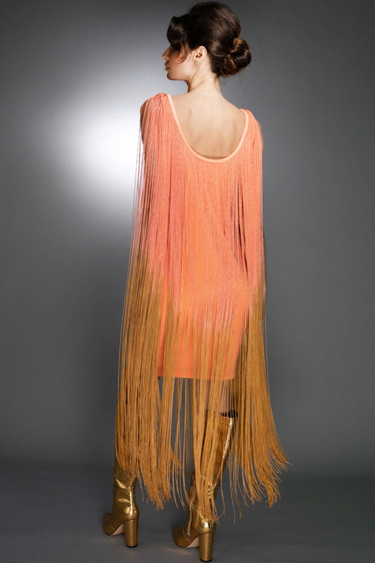 Sleeveless Salmon Gold Ombre Fringe Midi Dress-Dress-Nuvula-S-Urbanheer