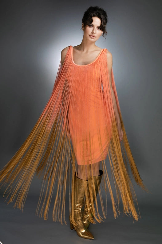 Sleeveless Salmon Gold Ombre Fringe Midi Dress-Dress-Nuvula-S-Urbanheer