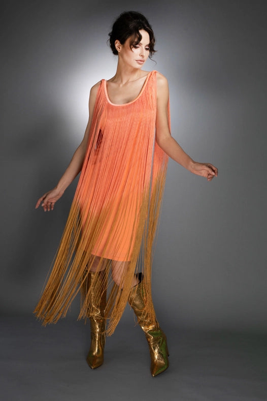 Sleeveless Salmon Gold Ombre Fringe Midi Dress-Dress-Nuvula-S-Urbanheer