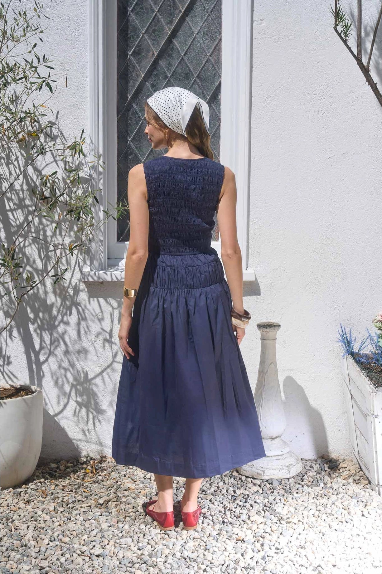 Sleeveless Smocked Shirred Waist Midi Dress | Navy