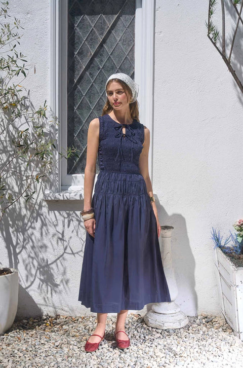 Sleeveless Smocked Shirred Waist Midi Dress | Navy