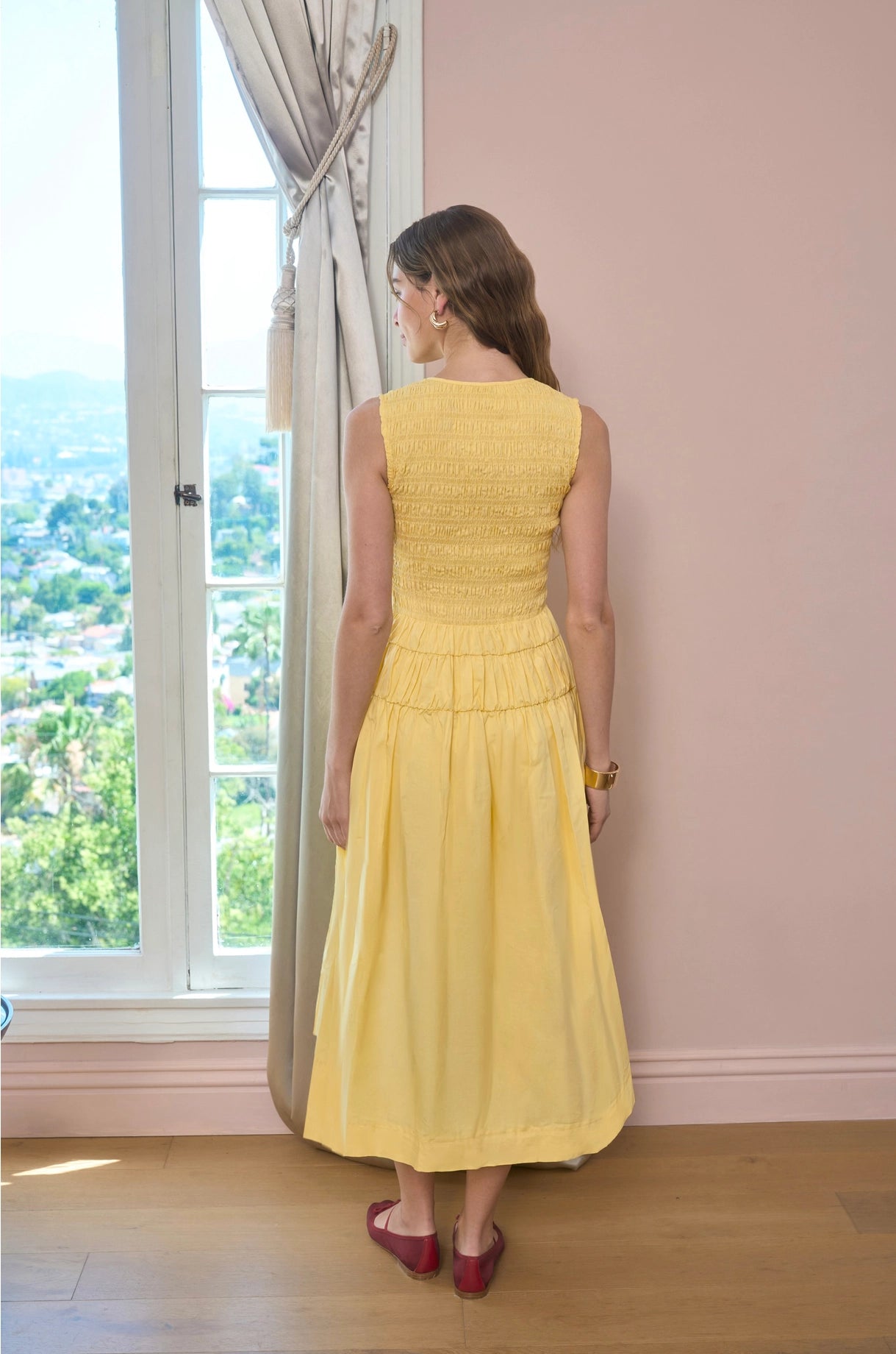 Sleeveless Smocked Shirred Waist Midi Dress | Yellow