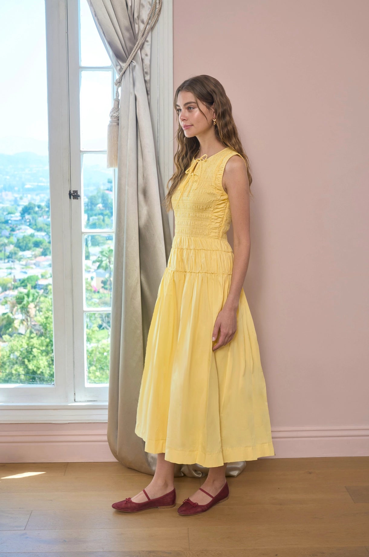 Sleeveless Smocked Shirred Waist Midi Dress | Yellow
