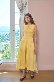 Sleeveless Smocked Shirred Waist Midi Dress | Yellow