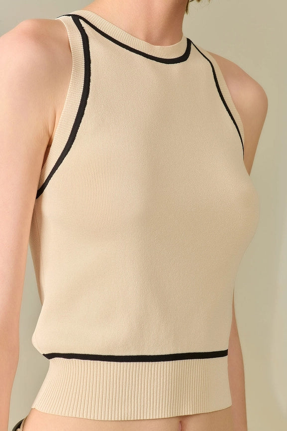 Sleeveless Sweater in Beige Featuring Detail Black Lines-Sweater-Q2-One Size-BEIGE-Urbanheer