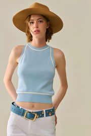 Sleeveless Sweater in Blue Featuring White Lines Detail-Sweater-Q2-One Size-BLUE-Urbanheer